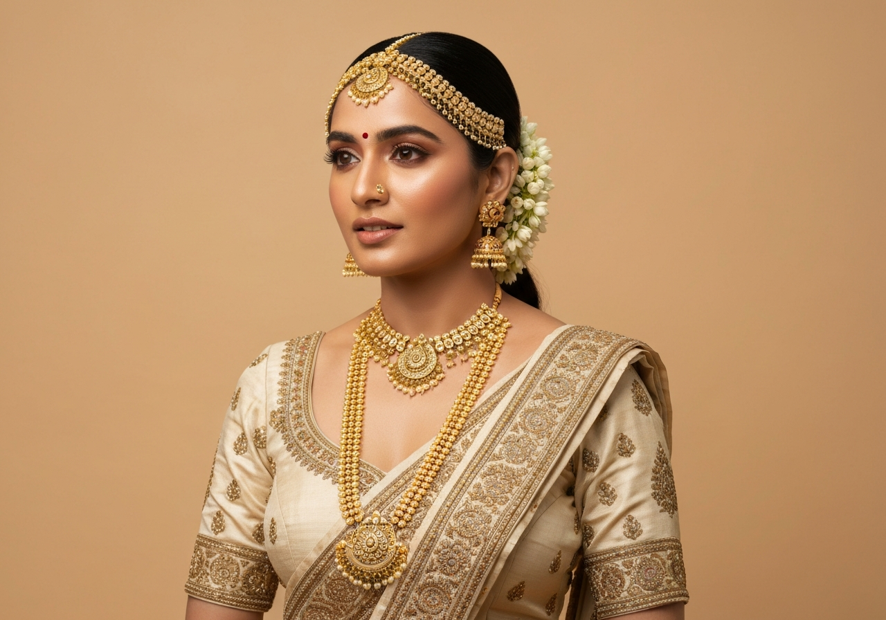 Indian bride with luminous dewy skin and subtle bridal makeup, jasmine in hair