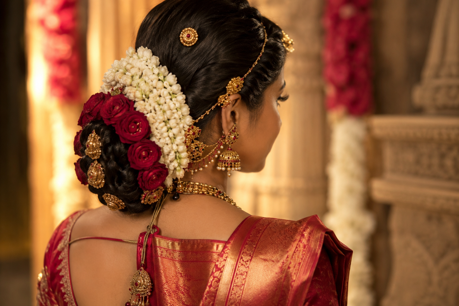 South Indian bridal hairstyle adorned with jasmine flowers and gold jewellery