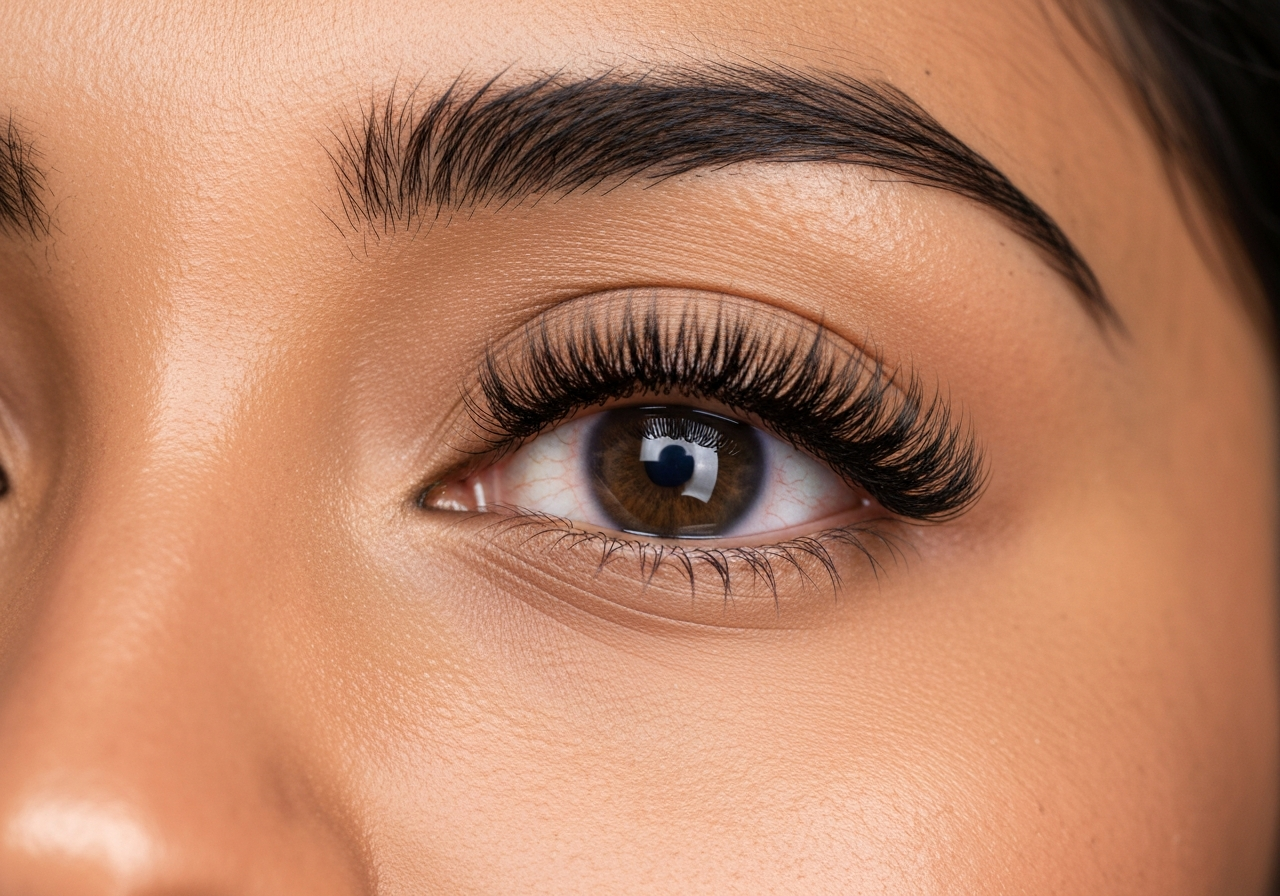 Close-up of a beautiful South Indian eye with full lash extensions