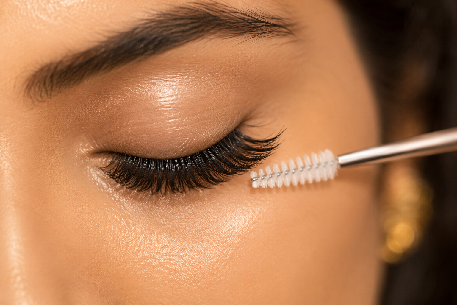 Full eyelash extensions with a clean lash brush alongside