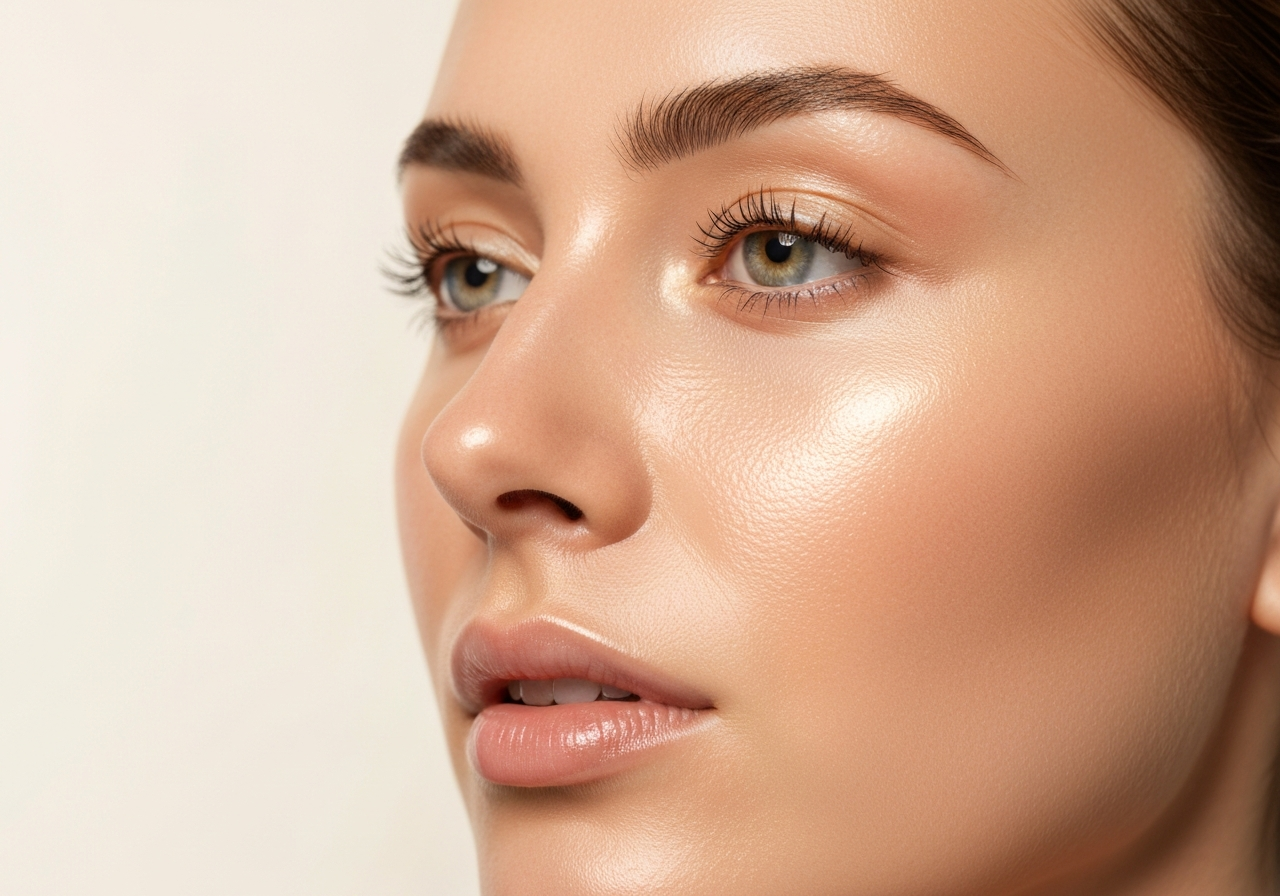 Glowing, dewy Indian skin close-up after a BB Glow facial treatment